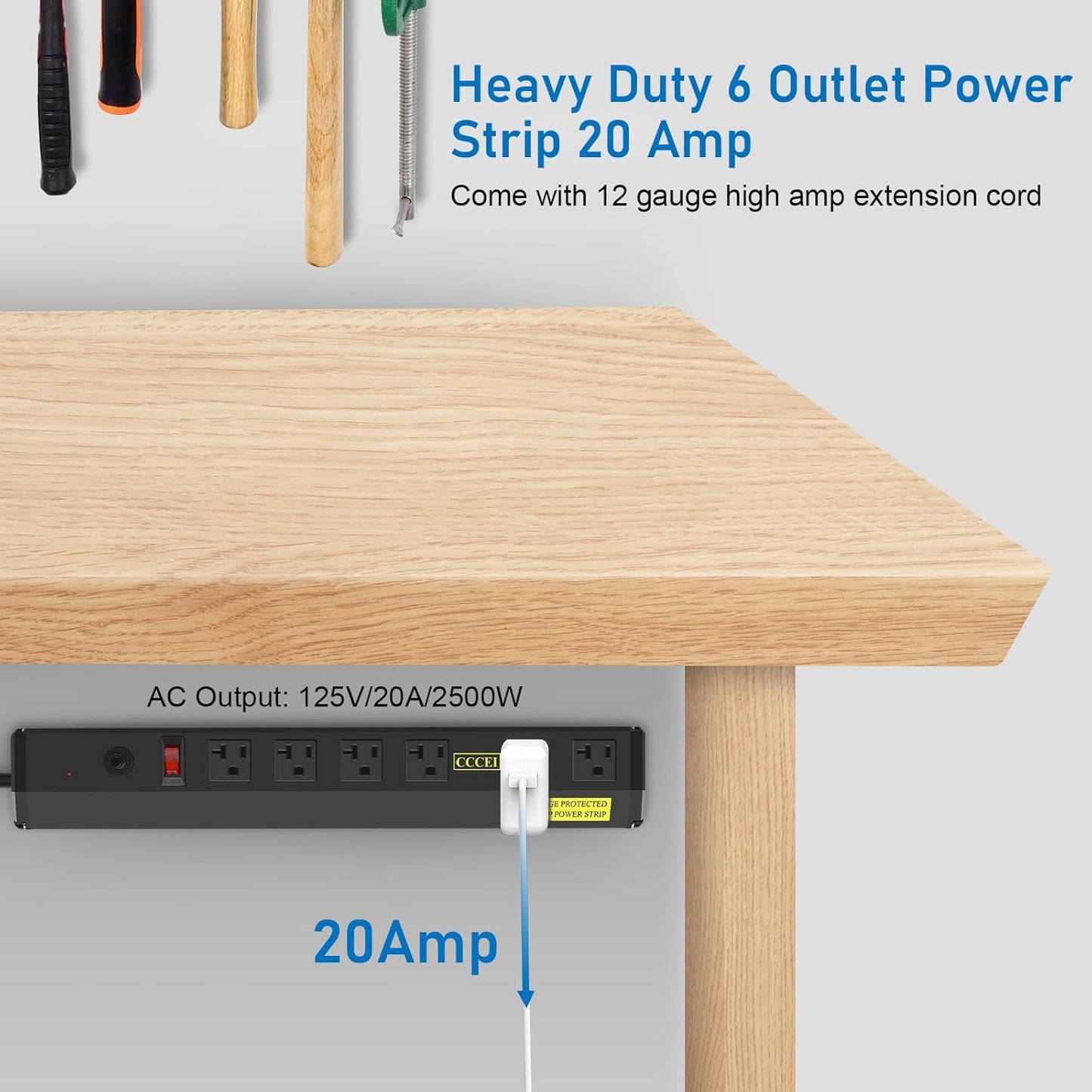 CCCEI Heavy Duty Power Strip Surge Protector 20 Amp, High Amp Industrial Shop Garage Metal Multiple Outlets, 6 FT 12 Gauge 5-15P Extension Cord 6 Outlet 6-20R T-Slot 20a for Appliance. Black.