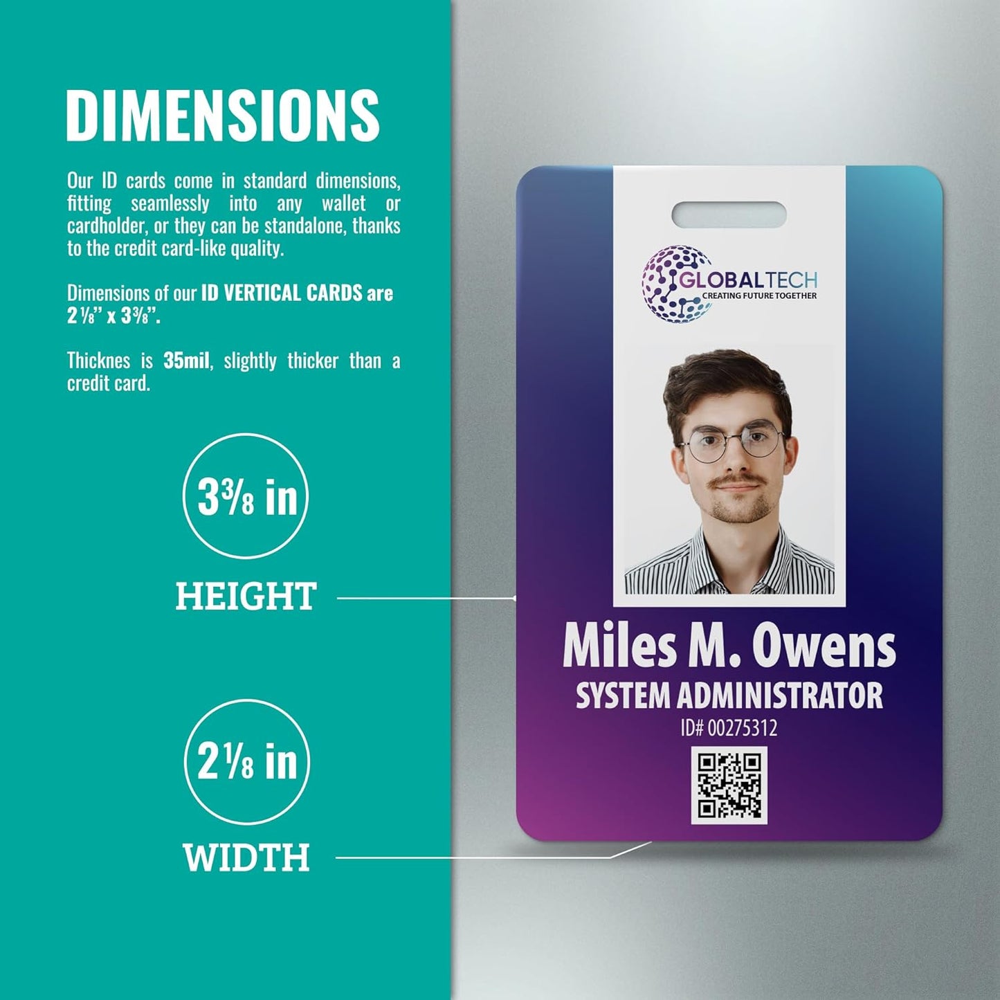 Custom Print Employee ID Badge, Double Sided with Name, Photo, Logo, and Barcode – Unique Photo ID Card Solution (ID Vertical)