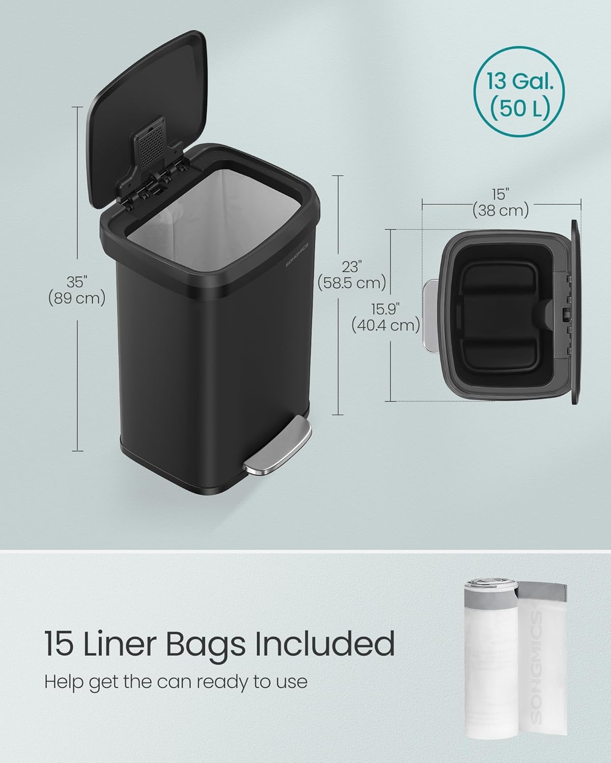 SONGMICS Kitchen Trash Can, 13 Gallon (50 L) Stainless Steel Garbage Can, with Stay-Open Lid and Step-on Pedal, Soft Closure, Tall, Large and Space-Saving, Black ULTB530B50