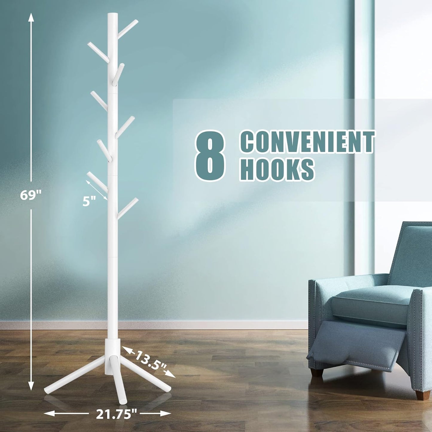 Haddockway Wooden Coat Rack Stand with 8 Hooks New Zealand Pine 3 Adjustable Coat Standing Tree Easy Assembly for Coats, Hats, Scarves and Handbags for Entryway, Hallway, Bedroom, Office,2 PCS