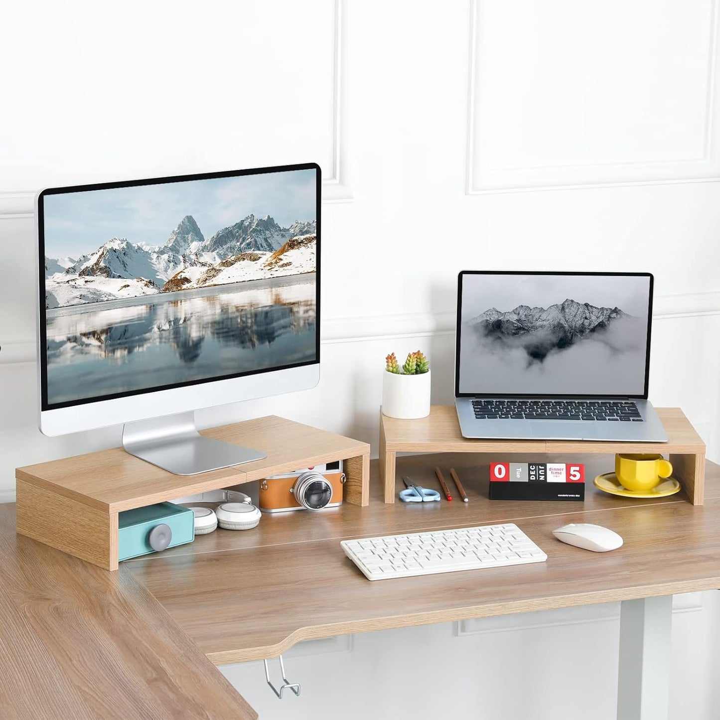 TEAMIX 2 Pack Monitor Stand Riser-20 inch, Wooden Desktop Riser for TV/PC/Laptop/Printer, Cozy Monitor Riser with Storage, Computer Stand Space-Saving