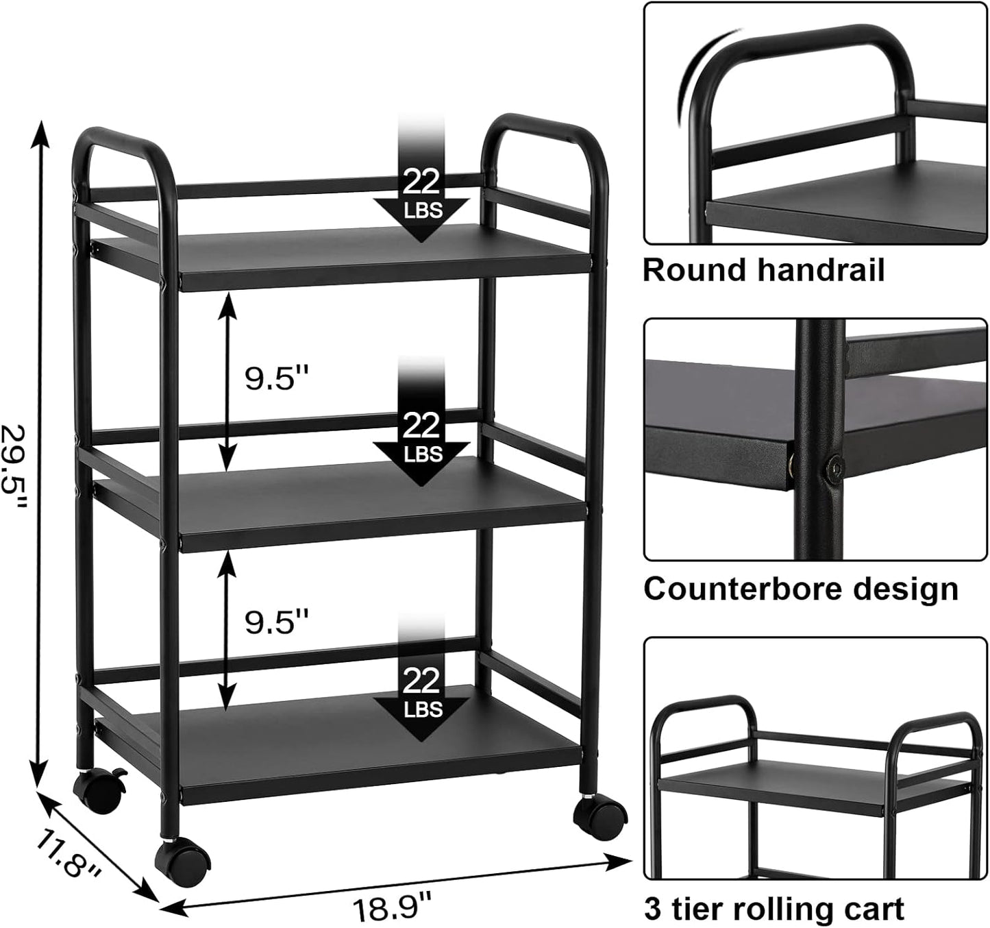 HDANI 3 Tier Rolling Cart Shelves,Heavy Duty Multifunctional Metal Frame-Supports 22 Lbs Per Tier,Rolling Cart with 2 Lockable Wheels for Home,Office,Kitchen,Bathroom,Bedroom (Black)…