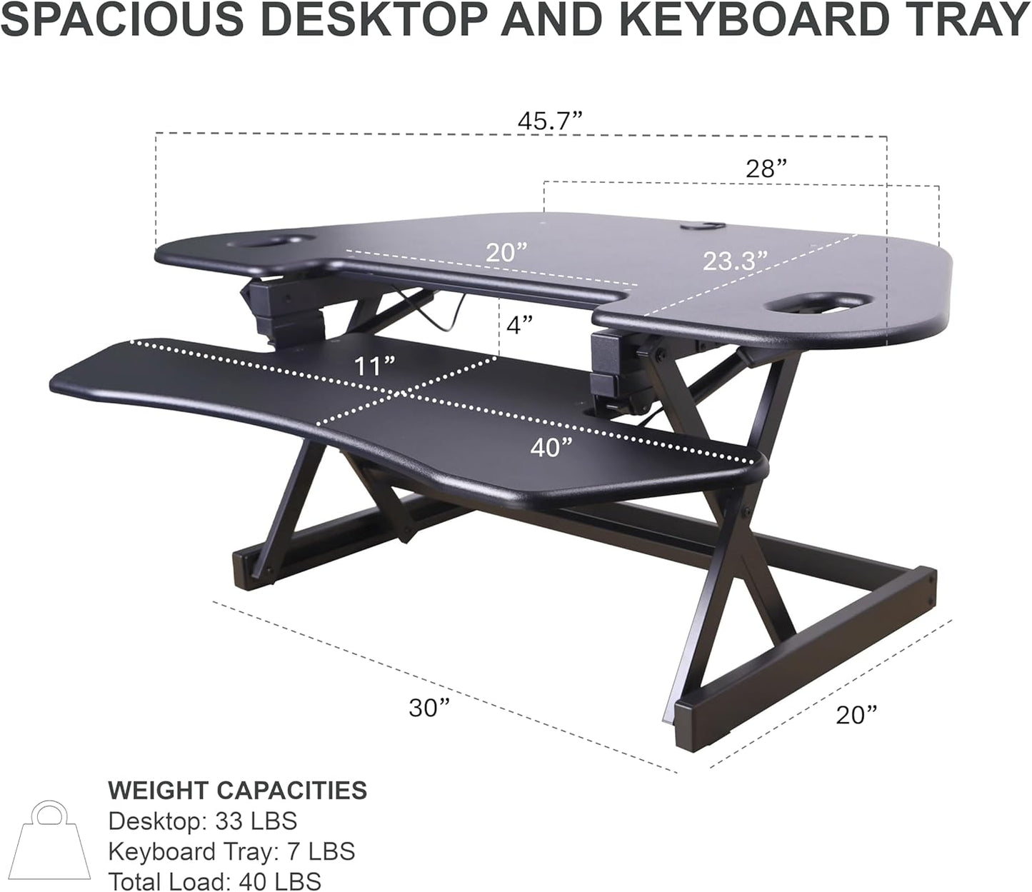 Rocelco 46" Height Adjustable Corner Standing Desk Converter with AC Outlet USB Charger and Anti-Fatigue Floor Mat - Sit Stand Up Tabletop Riser - Keyboard Tray - Black (R CADRB-46-ACUSB-MAFM)