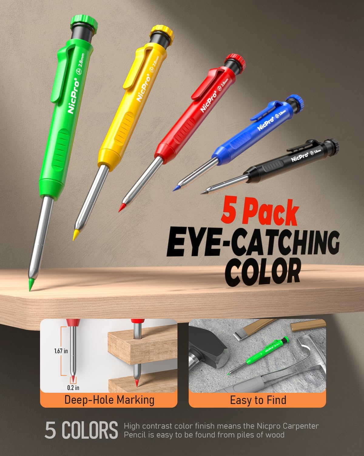 Nicpro 27 Pack Carpenter Pencils for Woodworking, Construction Mechanical Pencil with 100 Refill, Automatic Center Punch and Carbide Scribe Carpenter Tool, Construction Pencil for Carpenters Marking