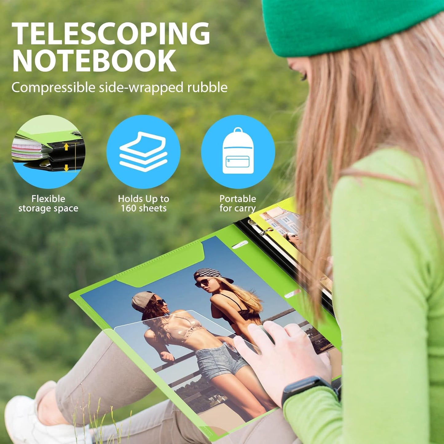WOT I 2-Pack Telescoping 3 Ring Binder Notebooks - Customizable Cover, 5 Dividers & Pocket Folder in One Slim Organizer (60 Sheets Included), Green