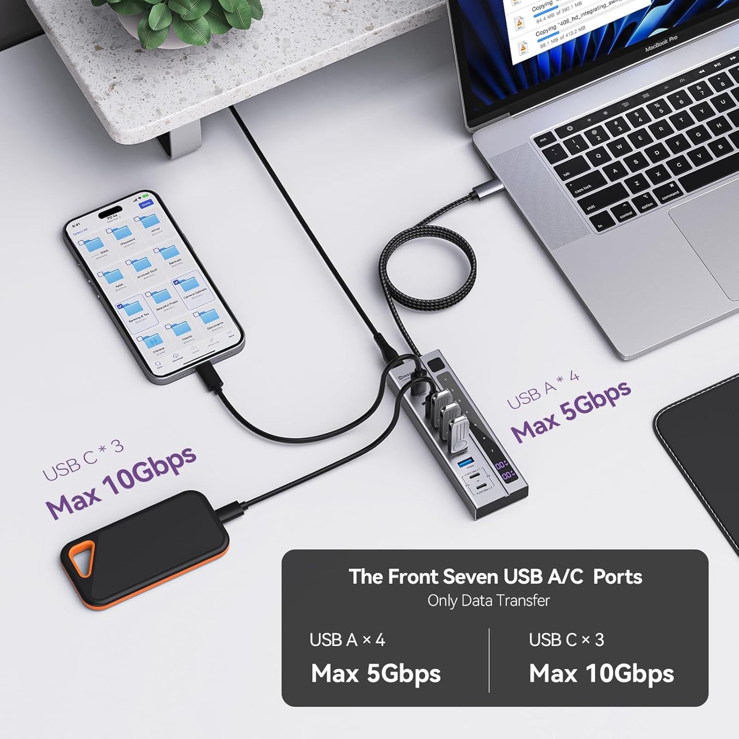 Minisopuru Powered USB C Hub – Support Max 45W Charging with 72W Power Adapter, 10Gbps Data Transfer, USB-C Powered Hub for Laptop, MacBook,iPad (Not for Monitor)
