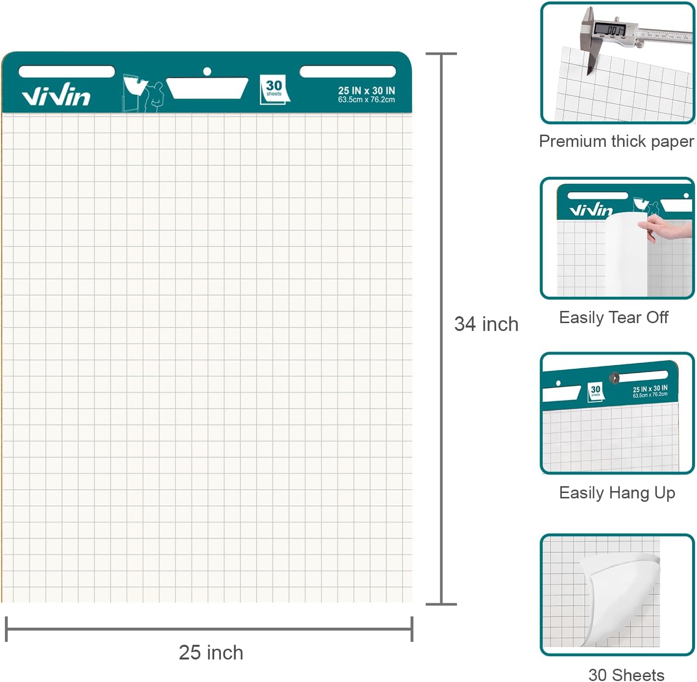 ViVin Grid Sticky Easel Pad, 25 x 30 Inches Flip Chart Paper for Teachers and Students, Large Self Stick Easel Paper for School & Office, 30 Sheets/Pad, 2 Pads/Pack