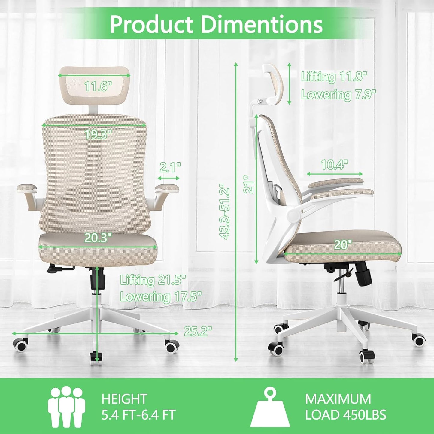 Desk Office Chair, Ergonomic High Back Comfy Computer Chairs with Wheels, Swivel Gaming Home Mesh Chair Comfortable Lumbar Support, Comfy Arms for Study, Home,Bedroom（Khaki）