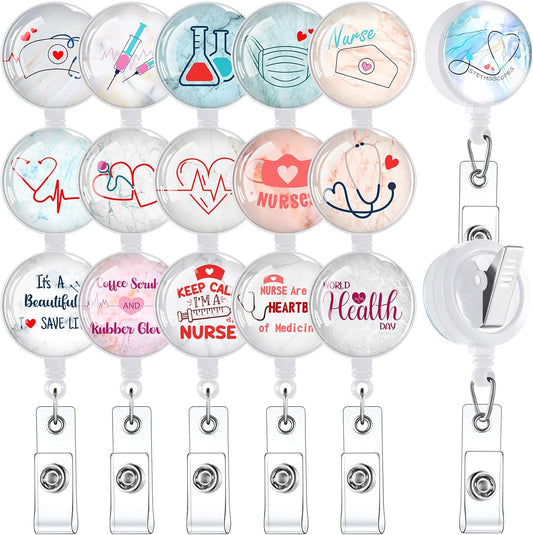 Fainne 15 Pieces Funny Badge Holders for Nurses Retractable Decorative Badge Reels with Alligator Clip for Nurse Week Gift Doctors Teachers(Nurse Style)