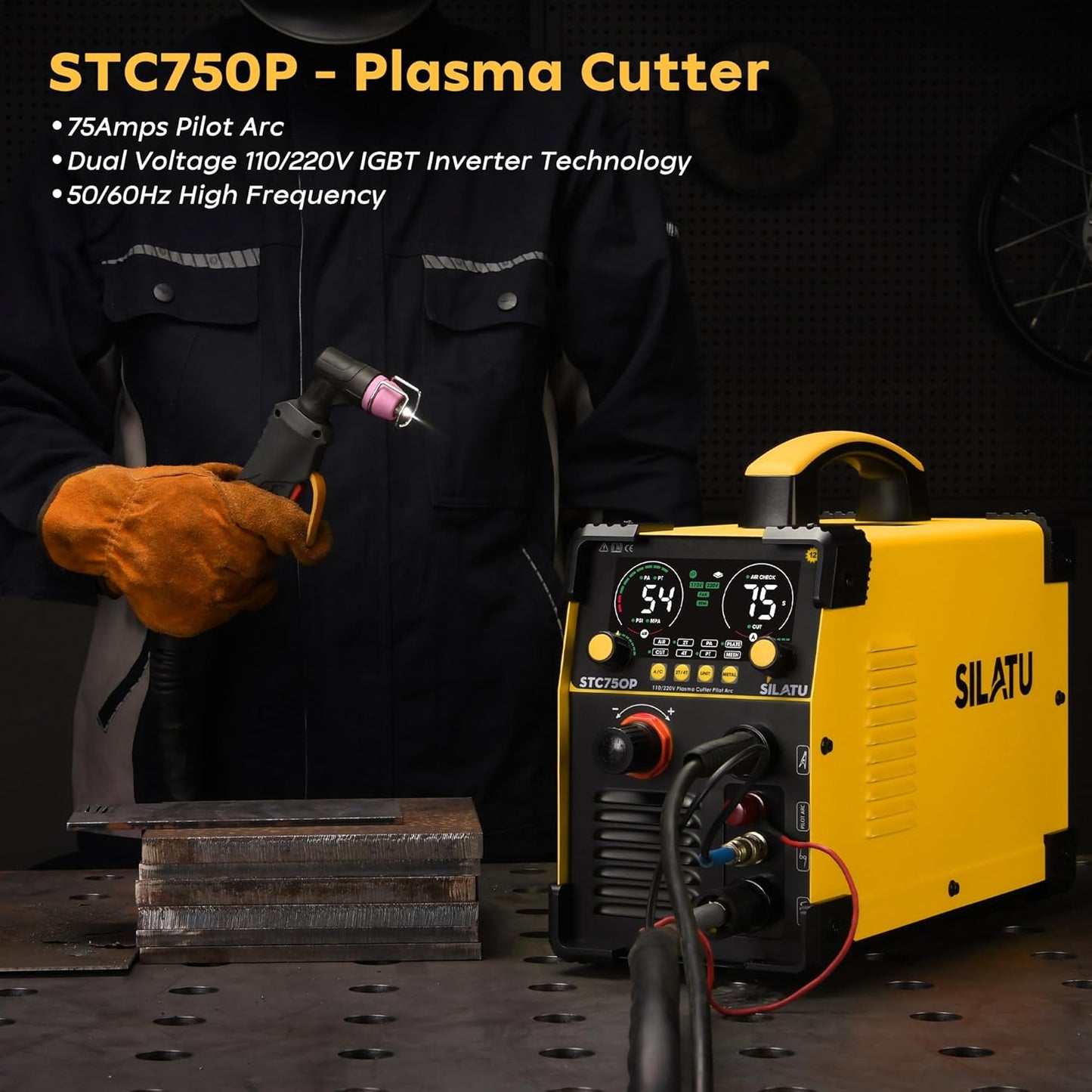 SILATU 75Amps Plasma Cutter, Large LED Display, Non-Touch Pilot Arc, Air Sensor Technology, 110/220V Dual Voltage IGBT Inverter Plasma Cutter Machine, 1'' Max Cutting Thickness for Beginners DIY