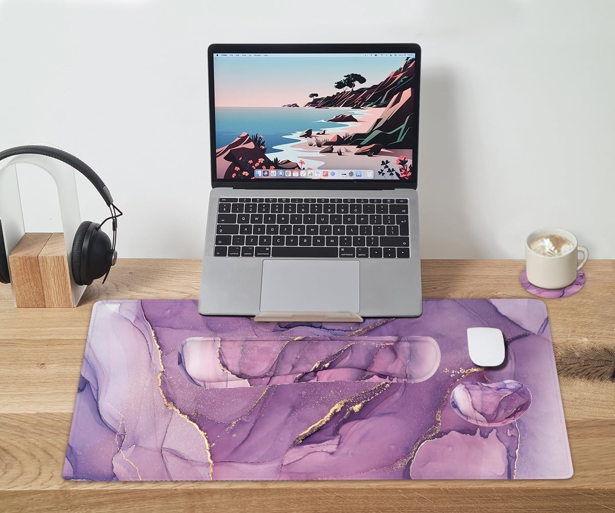 Large Keyboard Mouse Pad Set, Extended Mouse Pad+Keyboard Wrist Rest Support, Memory Foam Ergonomic Easy Typing, 4Pcs (35.4×15.7 in) Desk Pad Set for Home Office Study Game - Purple