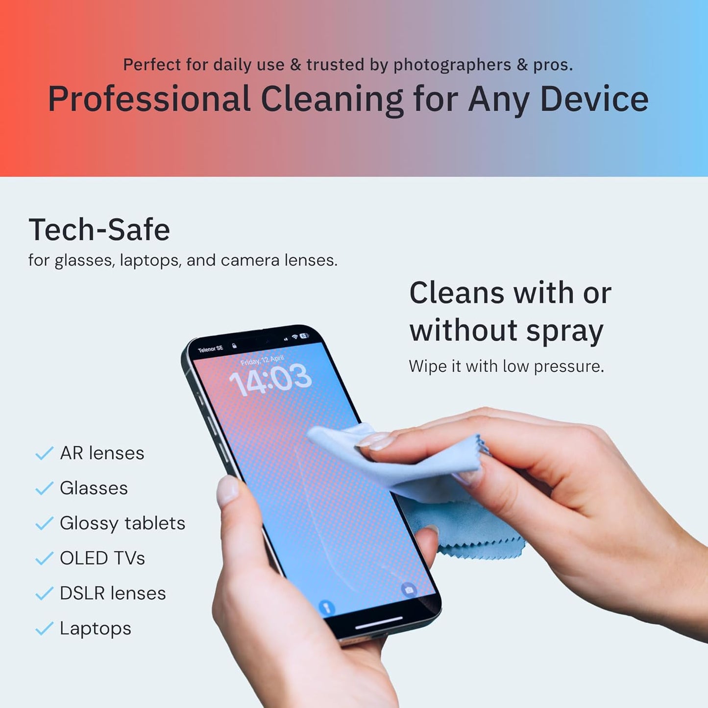 Elite Tech Gear 4-Pack Microfiber Cloth Set - 12"x12" Oversized Washable & Durable Wipes for Glasses, Lenses, Electronics & Screens - Glasses Cleaner Cloth