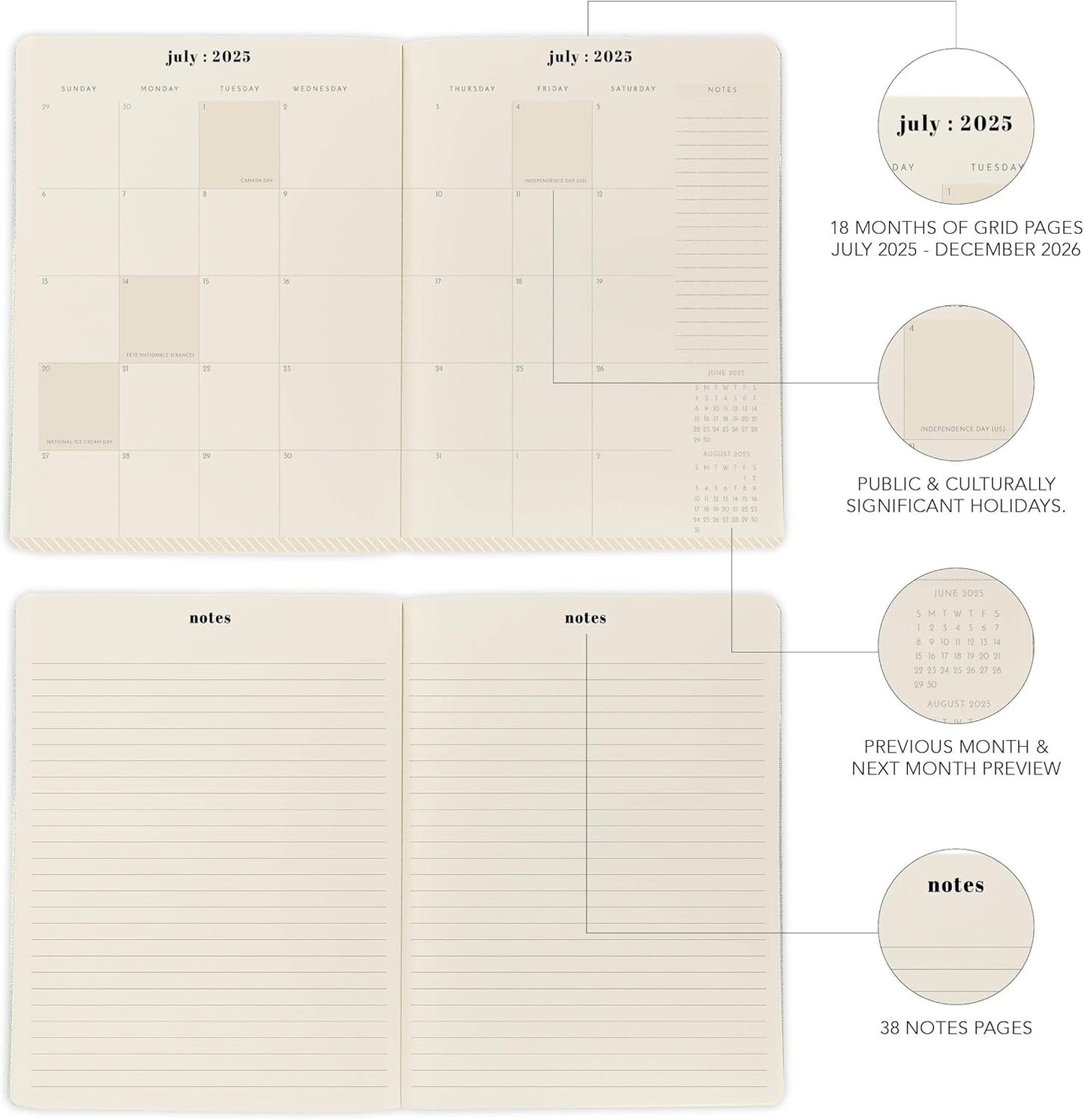 18 Month Planner/Calendar by Graphique, July 2025 – Dec. 2026 Green Stripes Monthly Planner, Holidays, Notes Pages, 8” x 10”