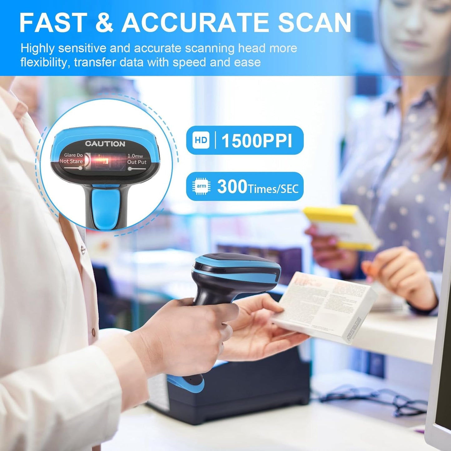 1D Barcode Scanner, Onewscan Wireless Laser Bar Code Scanners with Stand 2.4G Wireless & USB Wired Connection Plug and Play Handheld Bar Code Reader