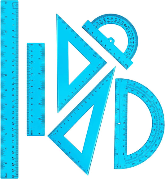Tenare 6 Pcs Plastic Ruler Math Set Includes 12 Inch 6 Inch Straight Protractor Triangle Geometry Transparent Math Ruler Measuring Tools for School Office Home(Blue)