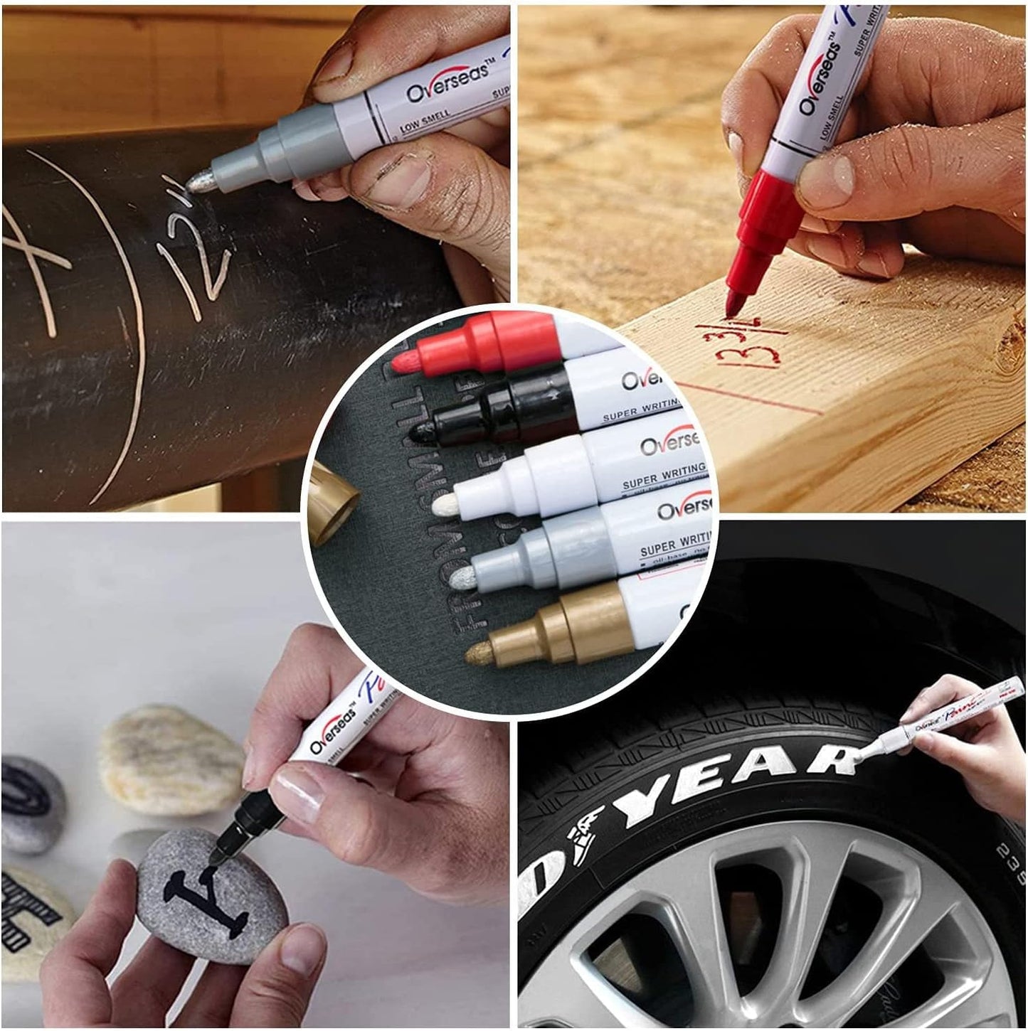 Overseas Paint Marker Pens - 5 Pack Permanent Oil Based Paint Markers, Metallic, Medium Tip, Quick Drying, Waterproof, Assorted Colors Marker for Metal, Rock, Wood, Plastic, Canvas, Glass, Rubber