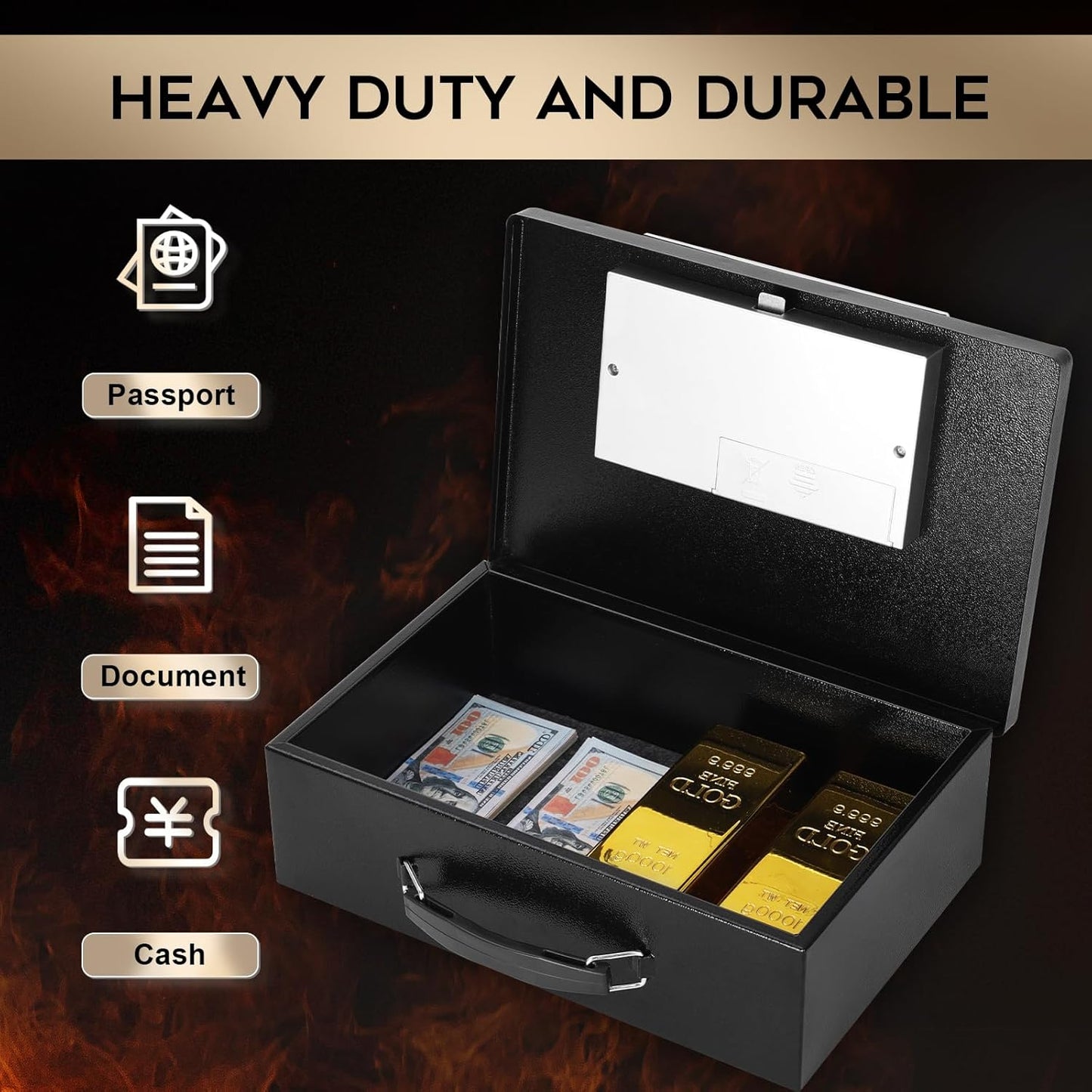 Dalmbox Portable Metal Safe Box with Digital Code Lock,Fire Resistant Storage for Documents, Fireproof Safe Box, Car, Home, Office and Outside, Black Box， Medium