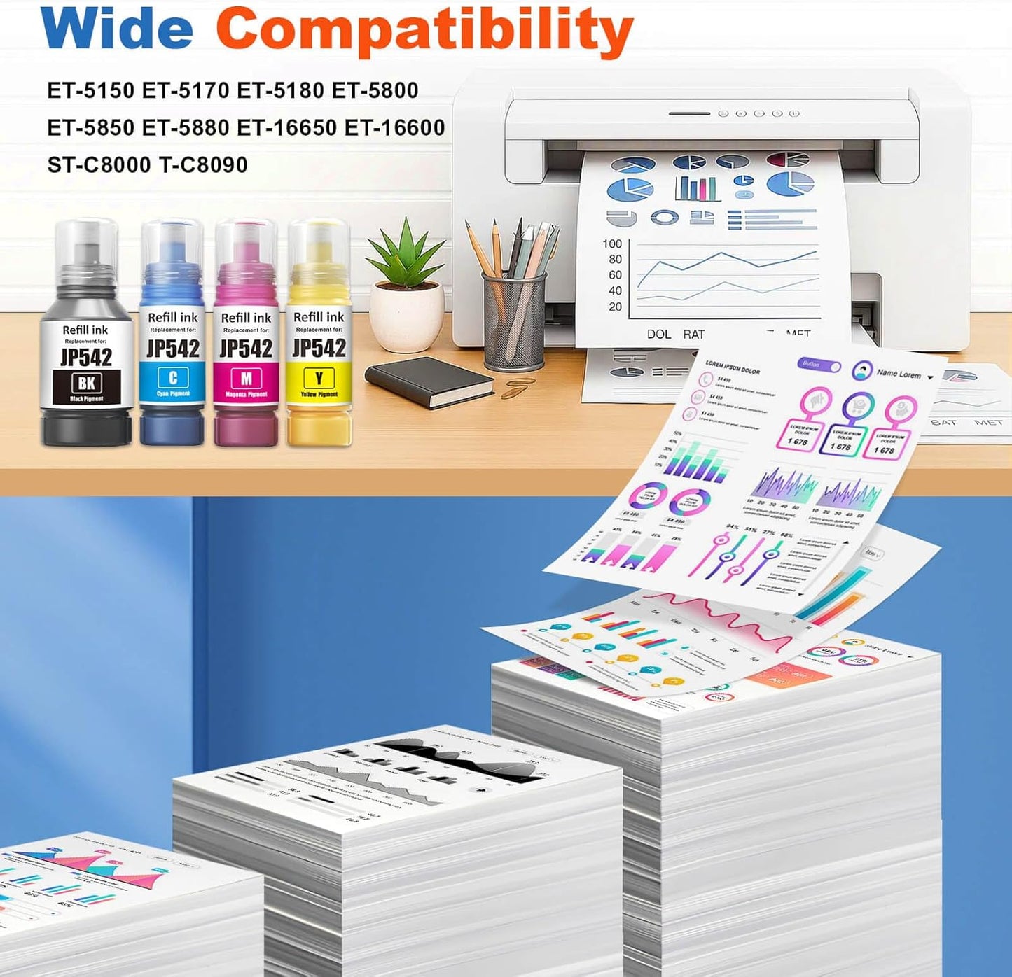 542 Ink Refill Bottles Cyan Compatible 542 Ink Bottles Work for ET-5800 ET-5850 ET-5880 ET-16600 ET-16650 ST-C8000 ST-C8090 Printers (2 Pack, 70 ml)