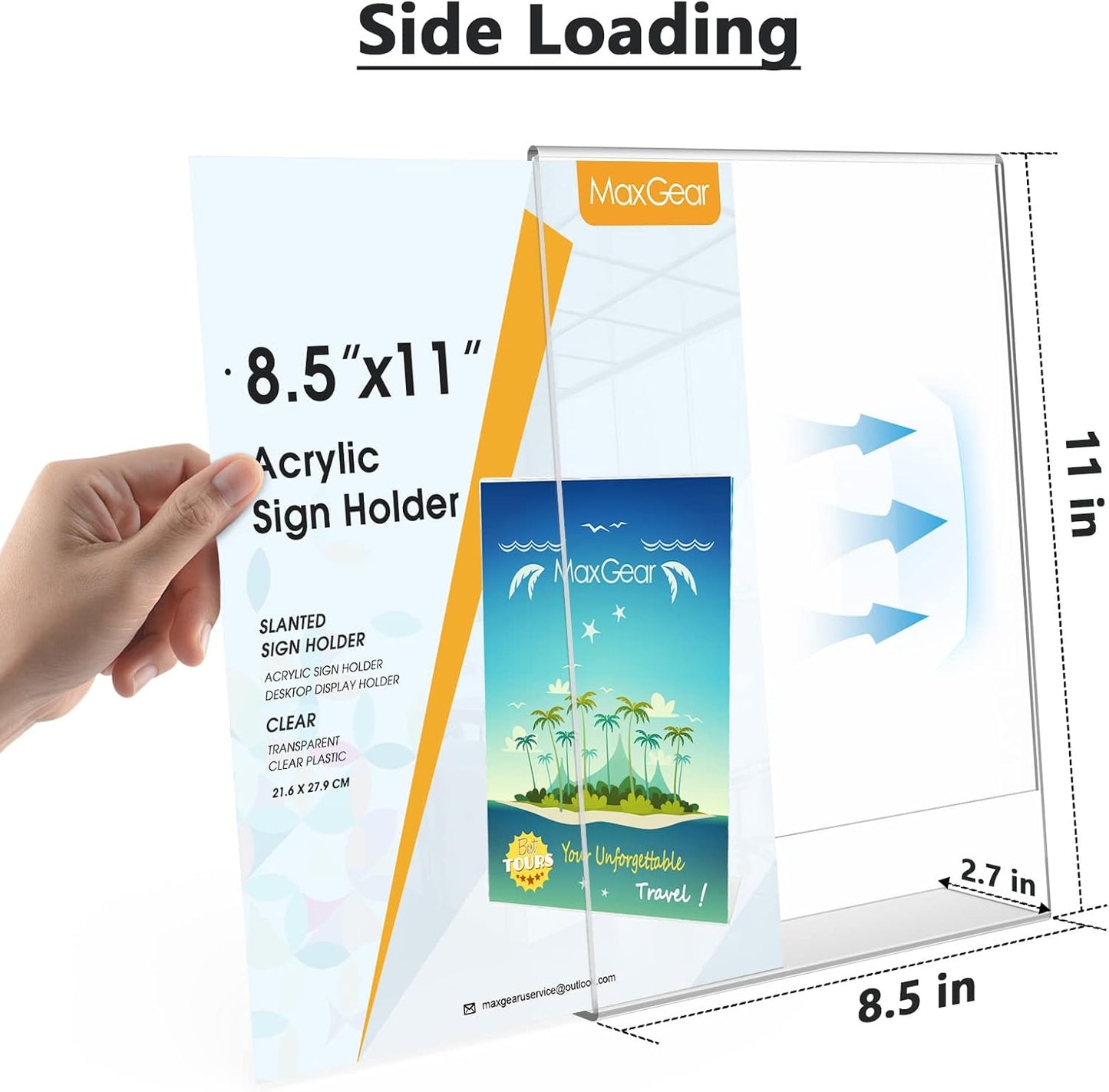 MaxGear Acrylic Sign Holder, Clear Sign Holders Plastic Display Stand 8.5 x 11 Inches Slant Back Countertop Display Picture Frames for Menus, Flyer, Use In Office, Store, 3 Pack