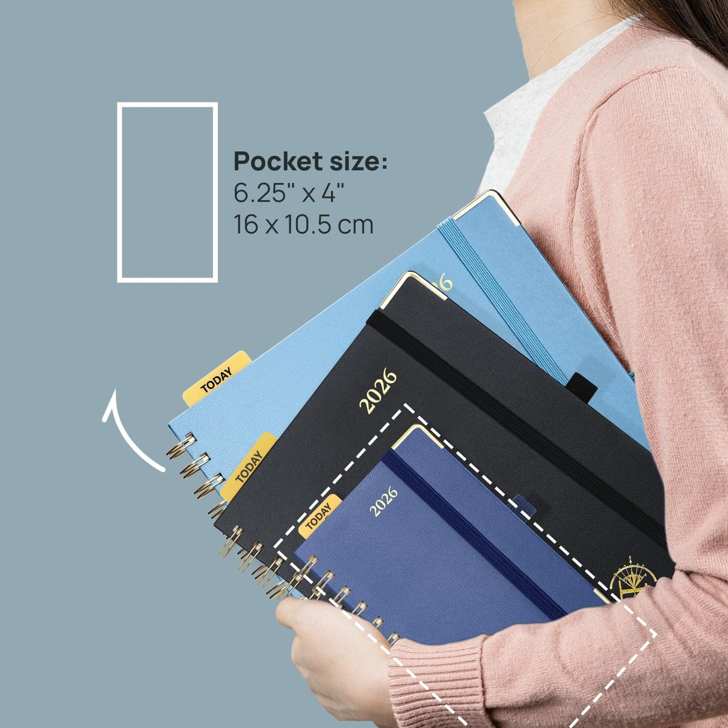 POPRUN 2026 Planner (Pocket Size 4''x 6.25'' Wire-Bond Hard Cover) Calendar Weekly and Monthly (Jan.2026-Dec.2026) Small Planner with Hourly Time Slots, for Purse, 100 GSM - Midnight Green