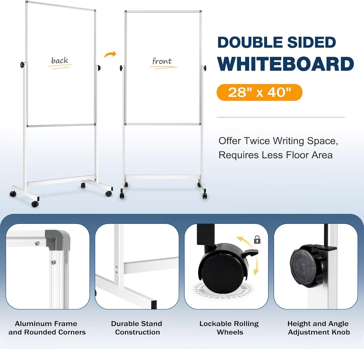 [15 Sq/ft] Large Double-Sided Rolling Whiteboard, 28"x40" Reversible Dry Erase Board with Stand, Magnetic White Board on Wheels, Standing Mobile Whiteboard, School Supplies, Classroom, Office, Home
