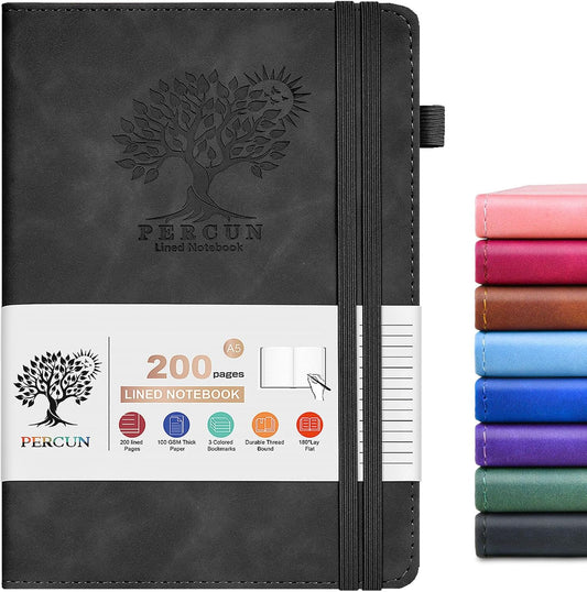 Lined Journal Notebook for Men & Women,200 Pages A5 Hardcover Leather Notebook (5.9"x8.5"), Travel Journal for Work, School, Business Writing, Note Taking, Notepad Diary (Black)
