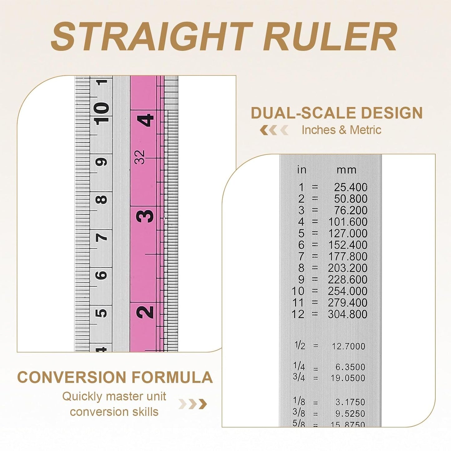 HARFINGTON 4pcs Metal Straight Ruler 30cm Metric SAE Aluminum Alloy Measuring Rulers Scale Tools with Hole for Measure Study Reading Classroom Office, Pink