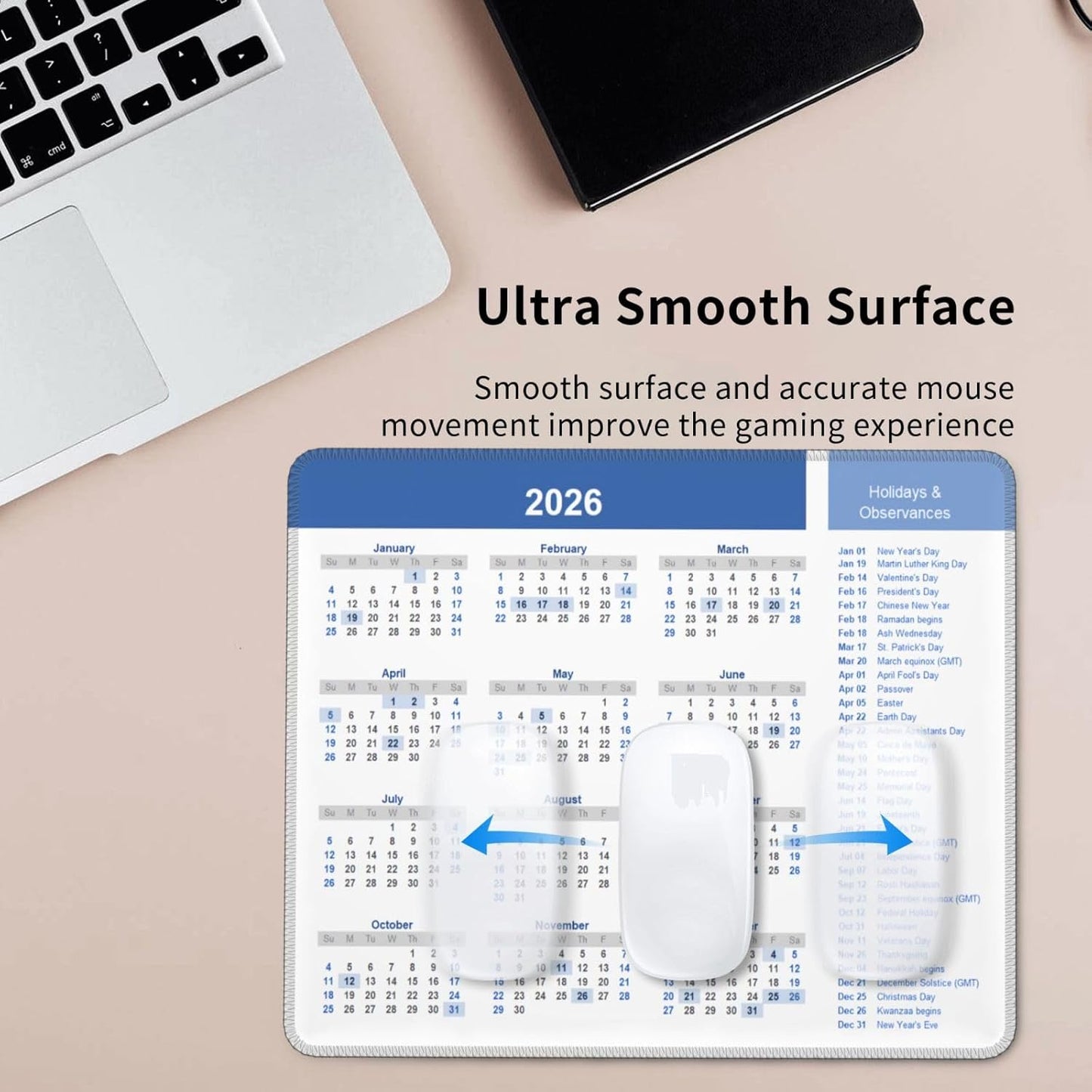 2026 Calendar Mouse Pad, Calendar with Holiday Mouse Pad for Desk, Stitched Edge Mousepad with Non-Slip Rubber Base, Gaming Mouse Mat for Computer Laptop Home Office