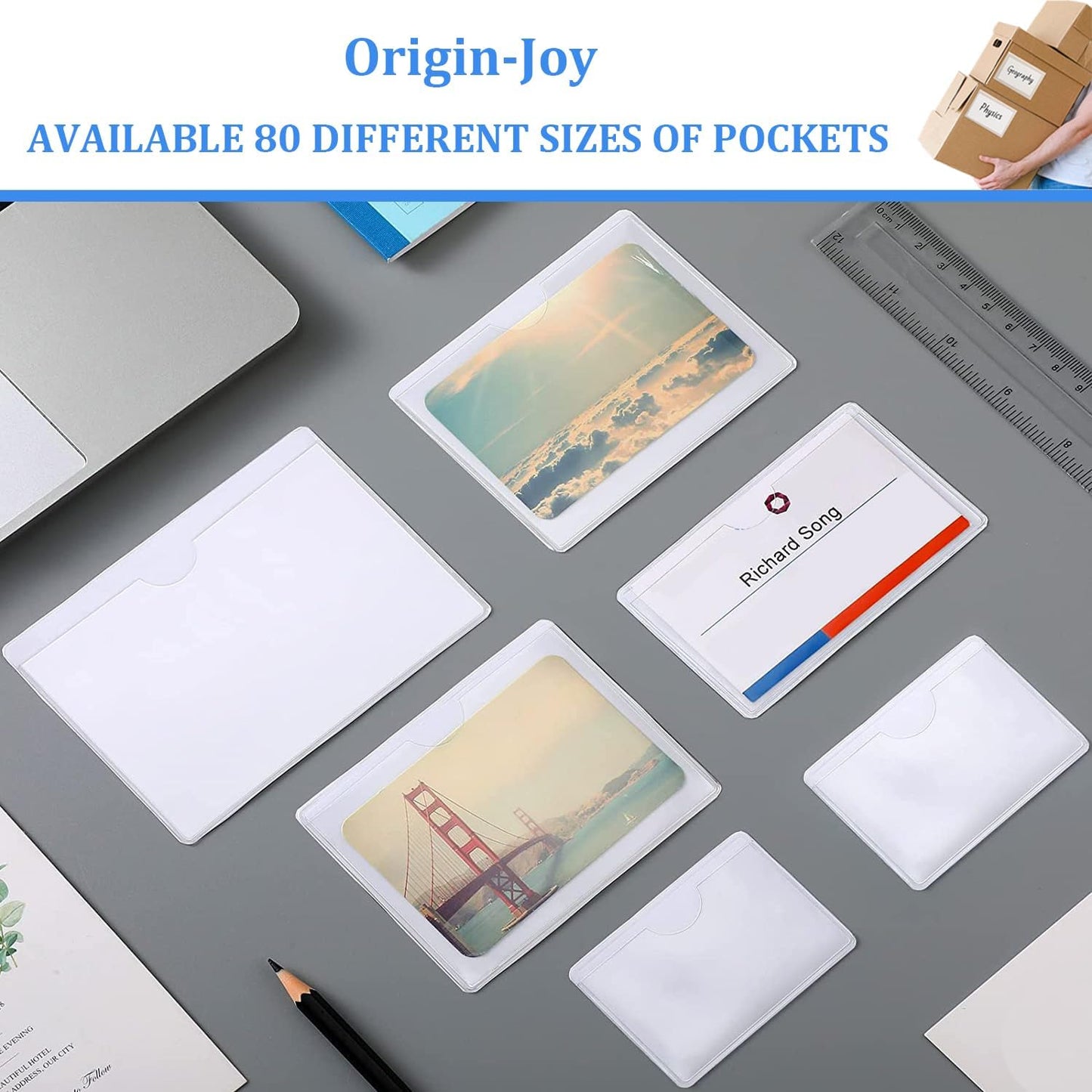 Origin-Joy 60 PCS Self Adhesive Index Card Pockets with Top Open, Clear Plastic Label Holder for Cards of Note, Library and Business, Adhesive Label Pockets & Card Holder (2 x 3.5 inch)