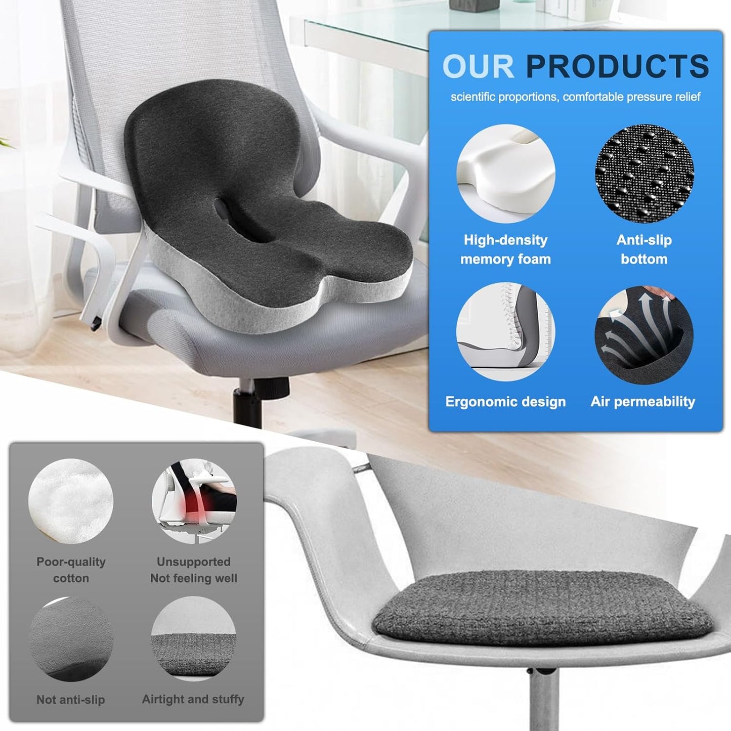 Buttocks Cushion for Office Chair Memory Foam Seat Pad for Butt Support Tailbone Relief Ergonomic Chair Cushion for Home Car Travel or Work (Blue and Gray Patchwork Color)