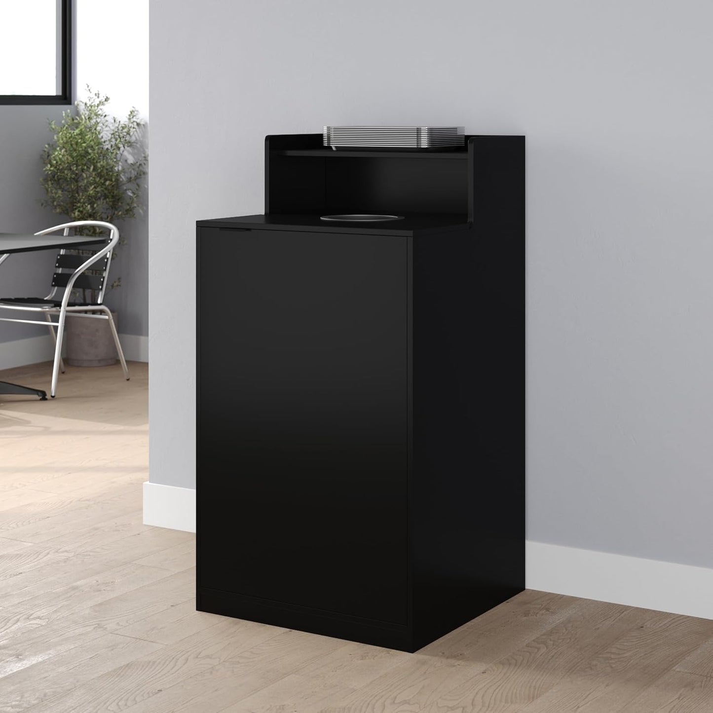 Flash Furniture Dell Trash Can Enclosure with Tray Shelf and 8" Drop Hole, Commercial Grade Trash Receptacle for 32 Gallon Round Cans, Swing Door Access, Black