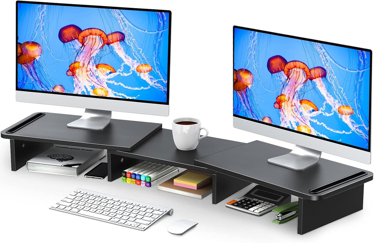 Zimilar Dual Monitor Stand Riser, Monitor Stand with Adjustable Length and Angle, Wood Monitor Stand for Desk, Monitor Riser for 2 Monitors with Storage Space