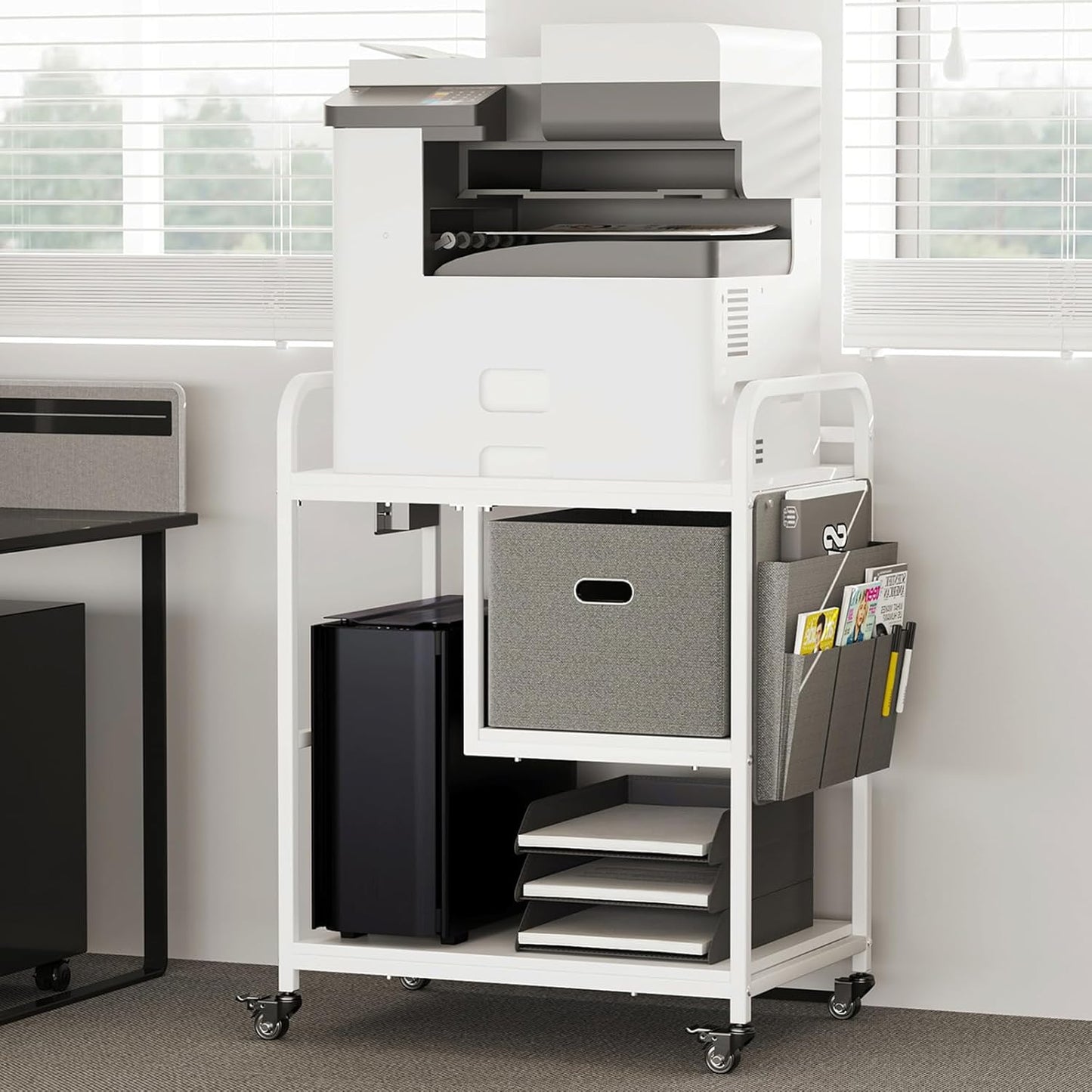 Large Printer Stand with Removable Storage Drawer, Mobile Printer Table with Charging Station and USB Ports for Home Office, Rolling Industrial Printer Cart with Wheels for Scanner Fax (White)