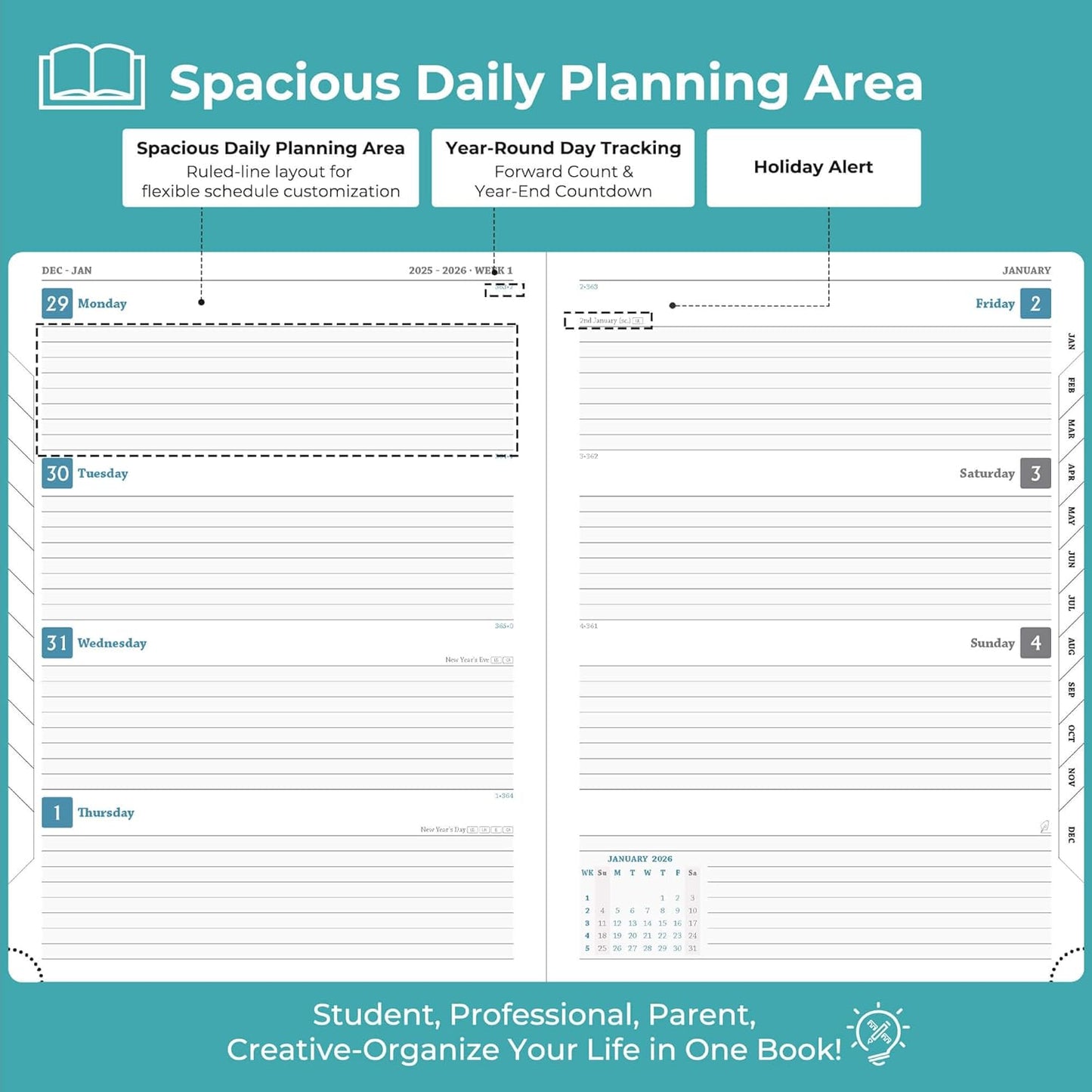 Weekly Monthly 2026 Planner (Jan.26-Dec.26),11.5"x8.5",12 Months Agenda Plan with Month Tabs & Pocket,Expenses/Note Pages, Appointment Book Calendar with Vegan Leather Cover,Light Blue