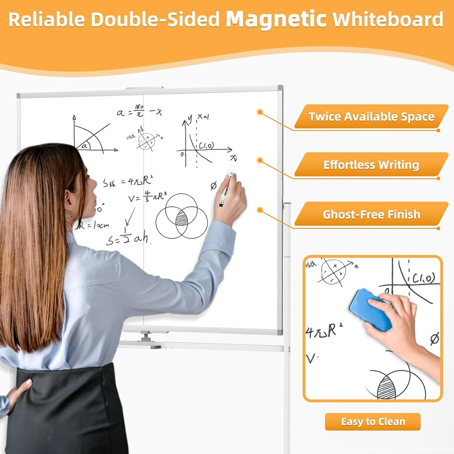 WALGLASS Rolling Dry Erase Whiteboard, 48"x36" Double-Sided White Board on Wheels, Large Portable White Board with Stand, Mobile Standing Whiteboards for Office, Home, School, Classroom 4x3 ft