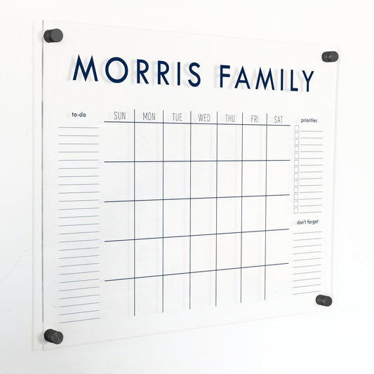 Personalized Clear Acrylic Calendar for Wall, Calendar Whiteboard for Wall, Dry Erase Wall Calendar, Wall Calendar Organizer System for Home (Block, Navy, 23"W x18.5"H)