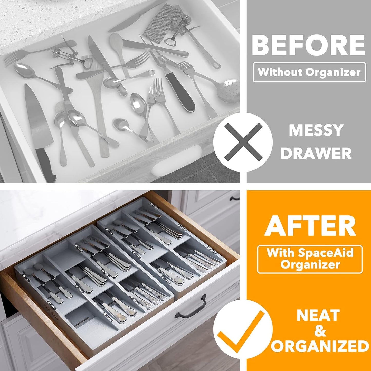 SpaceAid Bamboo Silverware Drawer Organizer with Labels, Kitchen Utensil Tray Holder Organizer for Flatware, Cutlery, Spoon and Knives Drawer Storage Organization (Gray, 6 Slots)