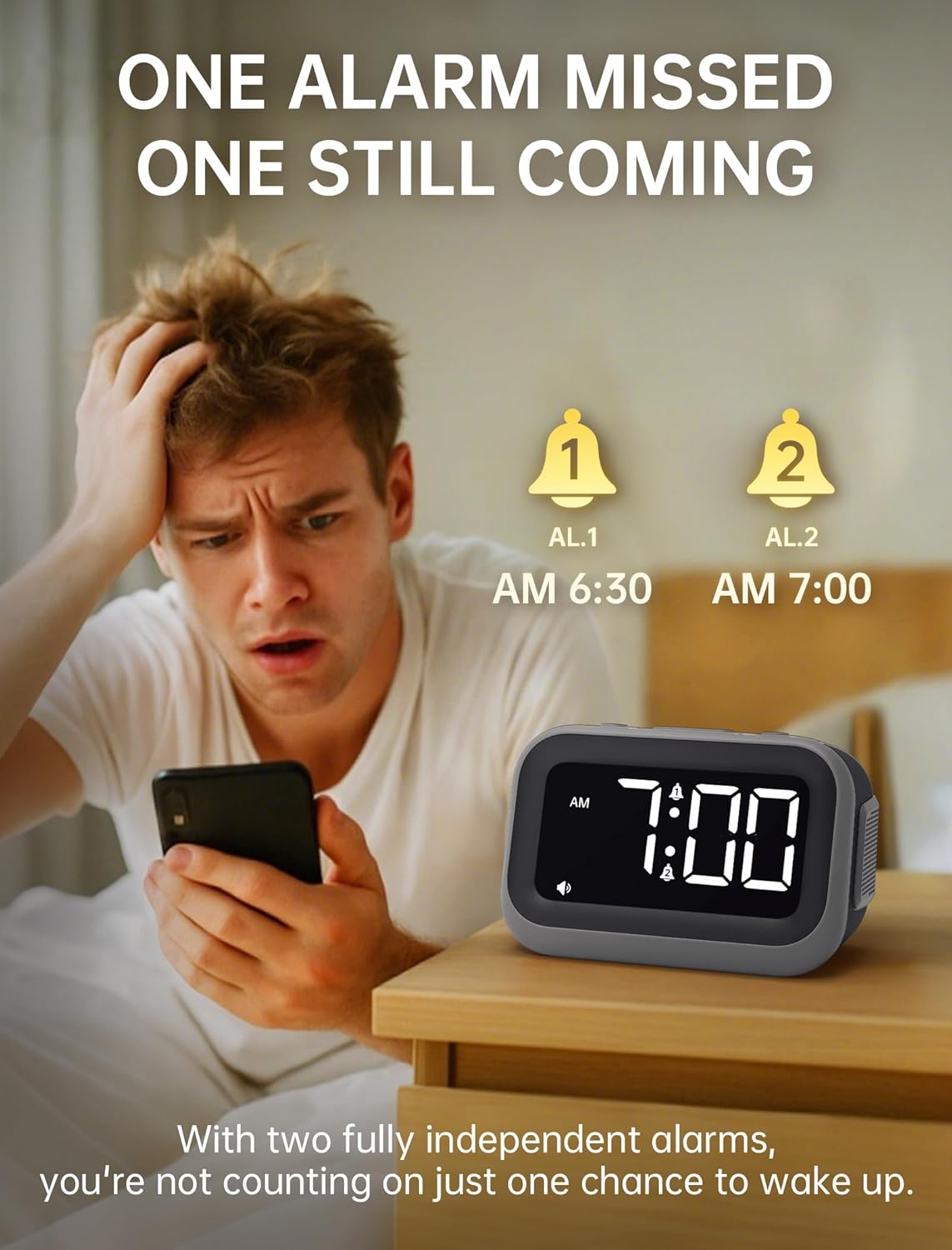 Super Loud Alarm Clock: 115dB Dual Alarms and 6 Alarm Sounds for Heavy Sleepers - Adult Shift Workers in Bedroom or Daily Wake-Up Use - Gray