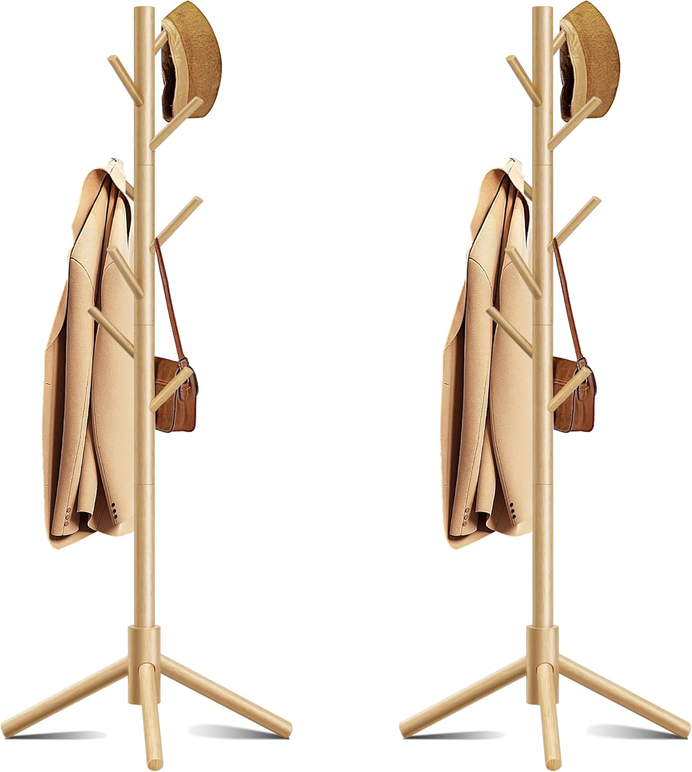 Wooden Coat Rack, Free Standing Coat Rack with 8 Hooks 3 Adjustable Heights for Clothes, Hats, Handbags, Coat Tree Easy Assembly for Entryway, Bedroom, Hallway, Office(2PCS)
