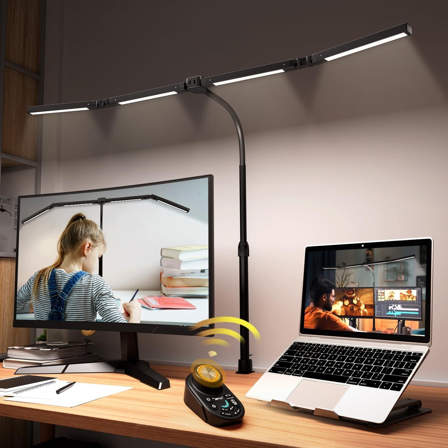 Adjustable LED Desk Lamp – Stepless Dimming & Color Temp Remote Control, Eye-Caring 4 Large Bright Light Souce for Home Office, Gooseneck, Clamp Base, 5 Lighting Modes for Reading, Computer, DIY