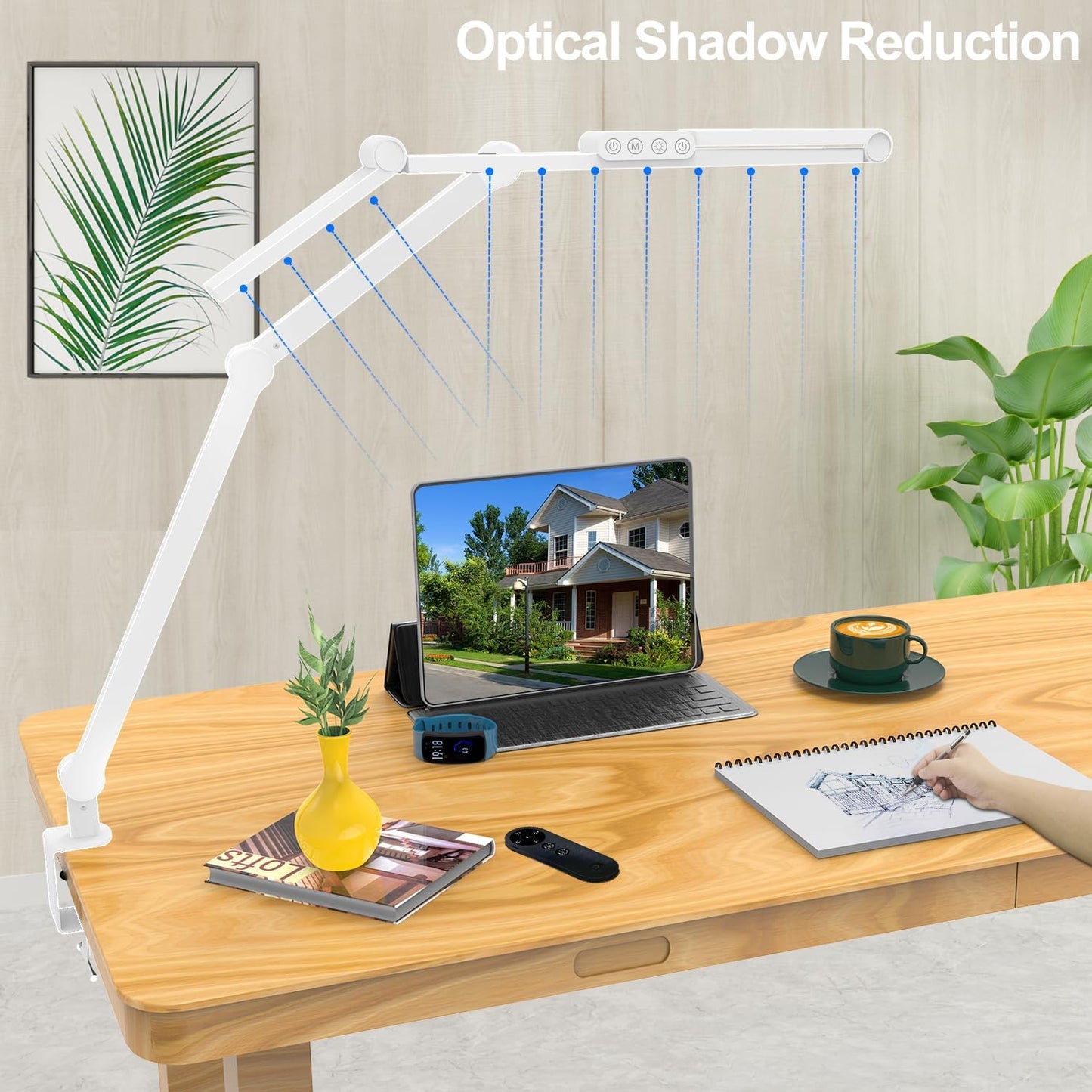 Micomlan Architect Desk Lamp with Clamp, Led Desk Lamp for Home Office with Remote Control, 24W Bright Dimmable Computer Light with Atmosphere Lighting Adjustable Table Light(Remote)