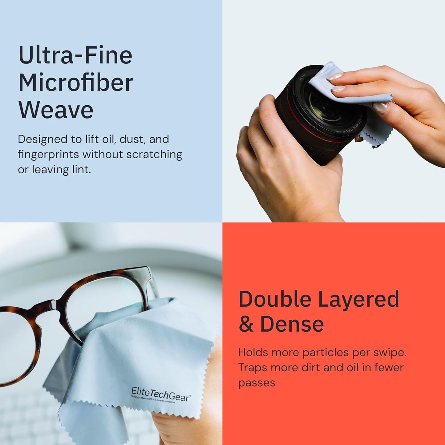 Elite Tech Gear 4-Pack Microfiber Cloth Set - 12"x12" Oversized Washable & Durable Wipes for Glasses, Lenses, Electronics & Screens - Glasses Cleaner Cloth