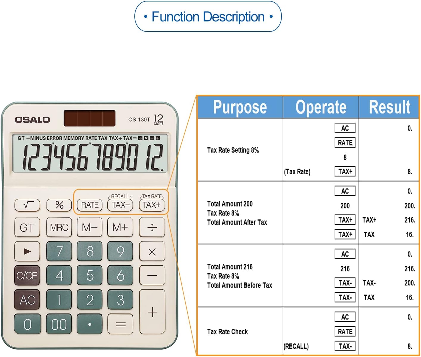 Desktop Calculator Large LCD Display 12 Digit Number Big Button Tax Financial Accounting Calculator, Battery and Solar Powered, for Desk Office Home Business Use(OS-130T Green)