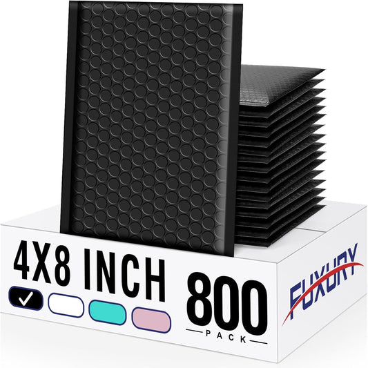 Fuxury Bubble Mailers 4x8" 800Pcs Bulk, Waterproof Padded Envelopes Usable Size 4x7", Cushioning Small Mailing Envelopes,Padded Mailers for Mailing Jewelry Makeup Small Business, #000 Black