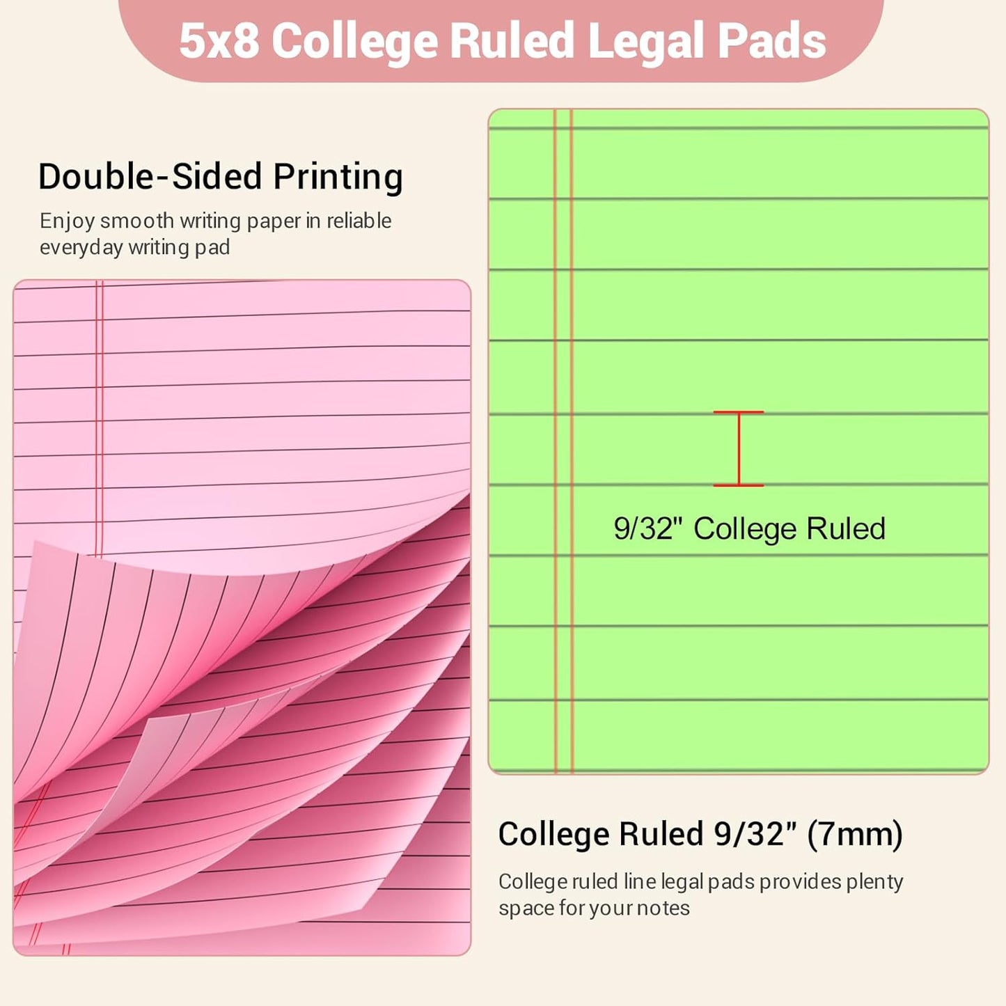 Legal Pads 5x8 Small Note Pads Colored Notepad, 9 Pack, Narrow Ruled Lined Paper, Micro Perforated Writing Pads Memo Pad, 30 Sheet/Note Pads, Notebook Paper Tablet for School, Colored Legal Pad 5x8''