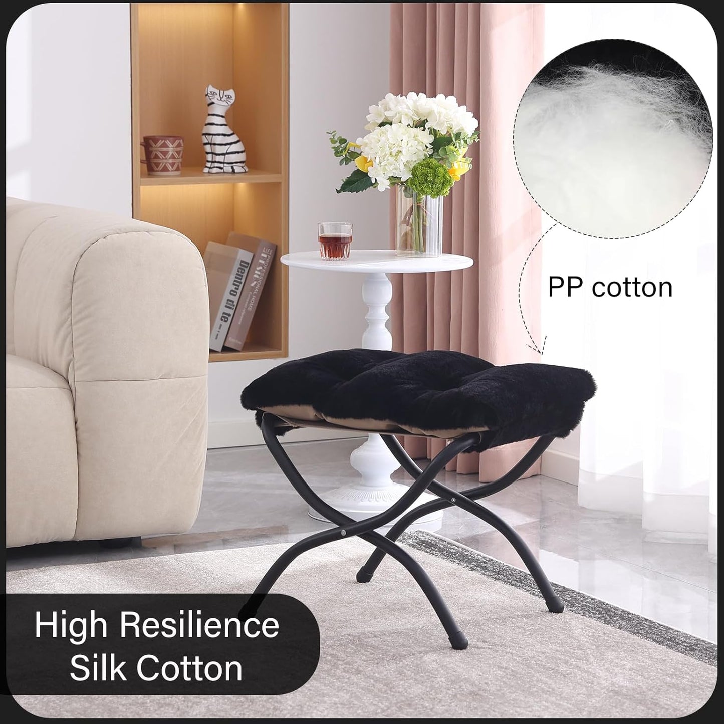 LITA Folding Upholstered Footrest Stool, Modern Small Portable Accent Ottoman with Detachable Thick Cotton Cushion Padded Sofa Stool with Metal Frame for Lazy Chair, Living Room & Bedroom, Plush Black
