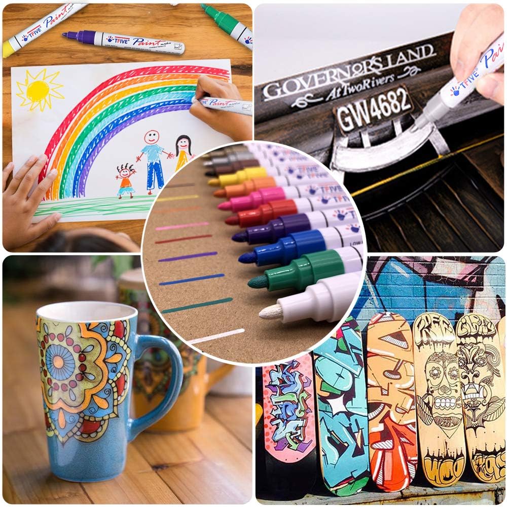TFIVE Paint Pens Paint Markers Never Fade Quick Dry and Permanent, 12 Color Oil-Based Waterproof Marker Pen Set for Rock Painting, Ceramic, Wood, Fabric, Plastic, Canvas, Glass, Mugs
