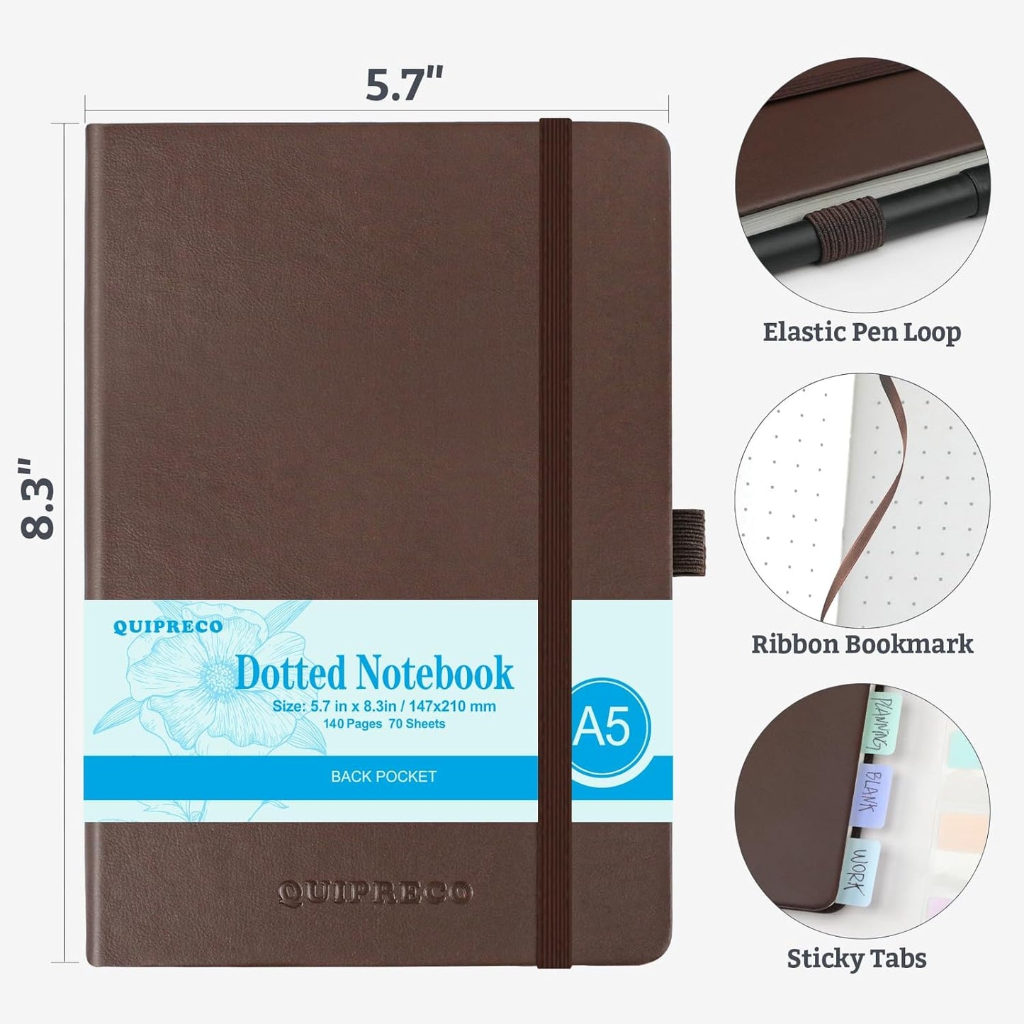 2Pack Bullet Dotted Hardcover Journal Notebook, A5 140 Pages 120Gsm Thick Paper for School,Note Taking,Work,Diary，5.7"*8.3",Brown