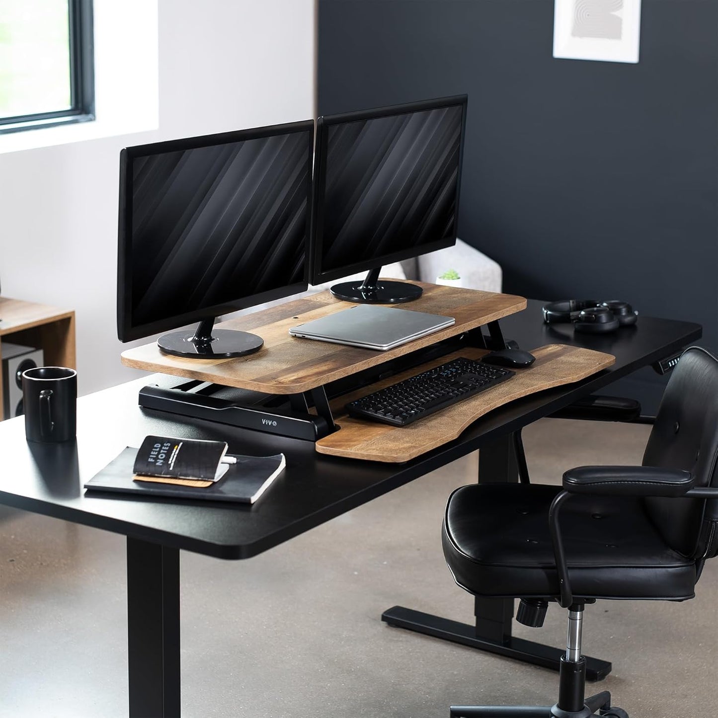 VIVO 36 inch Desk Converter, K Series, Height Adjustable Sit to Stand Riser, Dual Monitor and Laptop Workstation with Wide Keyboard Tray, Reclaimed Wood Top, Black Frame, DESK-V036KP