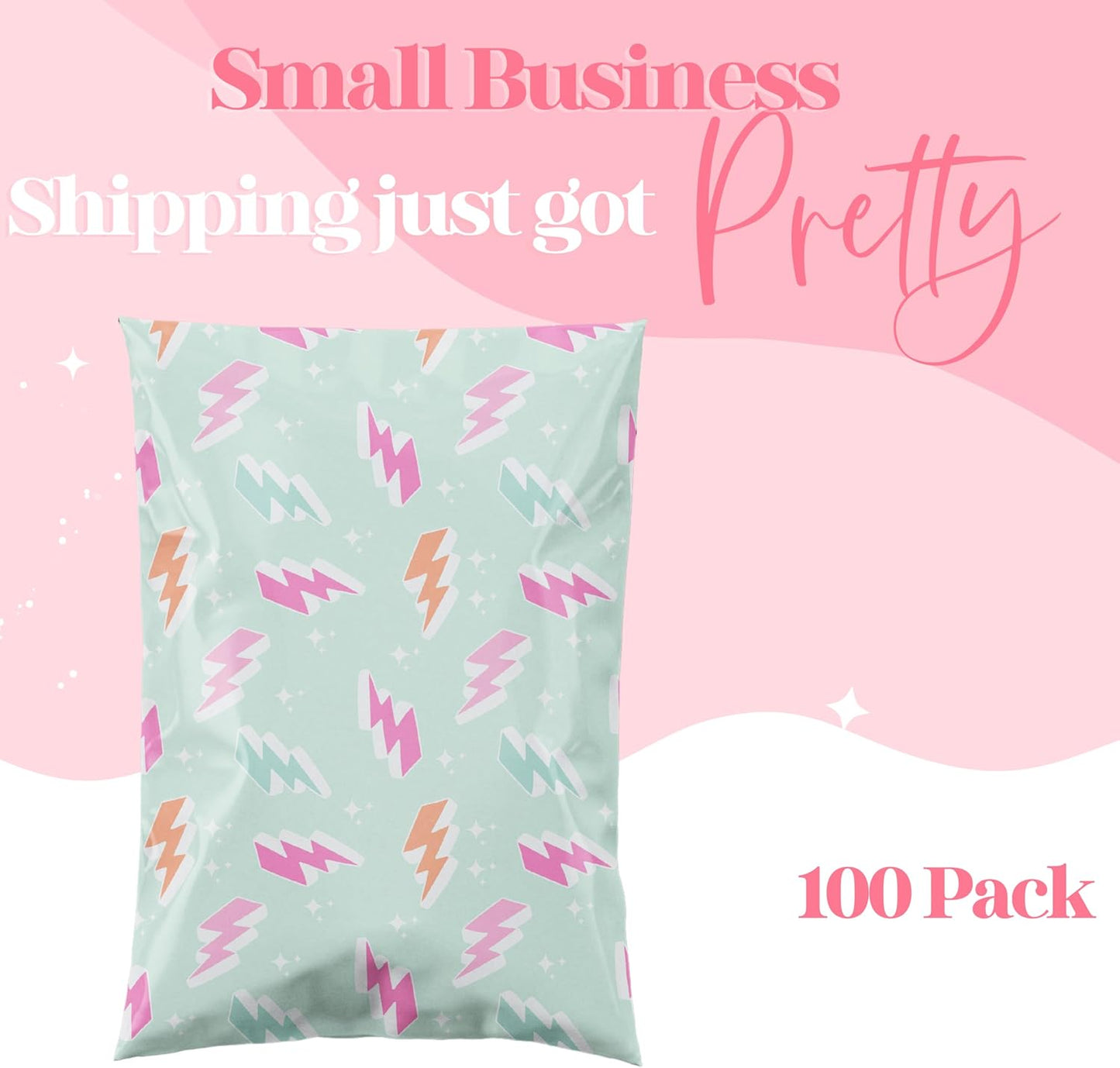 14.5x19 Designer Poly Mailer 100 Pack Heavy Duty Waterproof Self Seal Shipping Bags for Small Business Large Mailing Envelopes Bulk Tear Resistant Cute Packaging Lightning Bolt